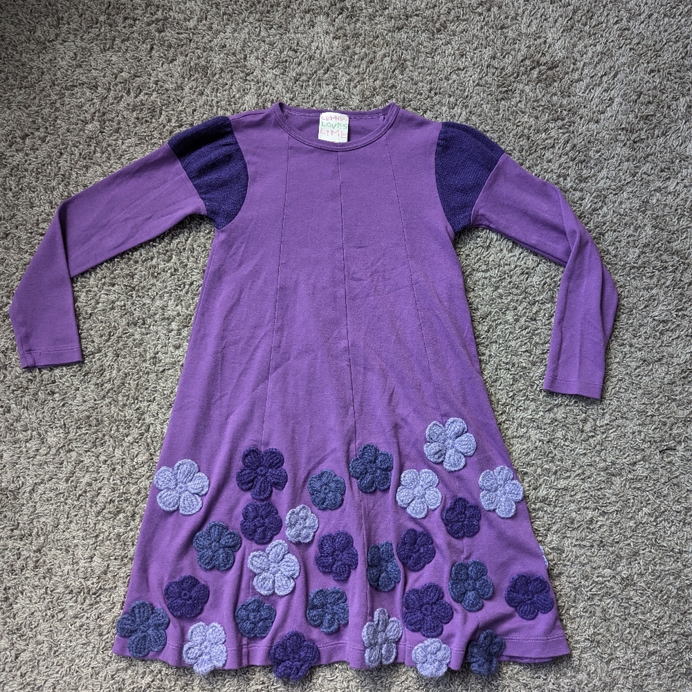 Lemon Loves Lime Girls Purple long sleeve dress w/ knit flowers Sz 8